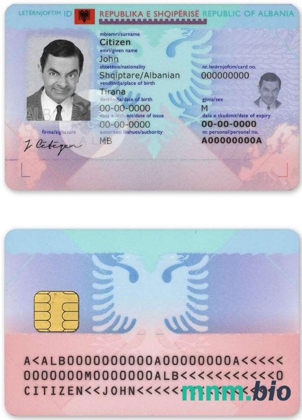 Szablon dowodu osobistego Albanii w PSD, w pełni edytowalny